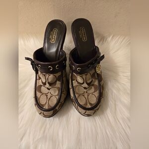 Coach Jodey Sig Brown Canvas  Leather Mules  Clogs Heels  Shoes Size 9B